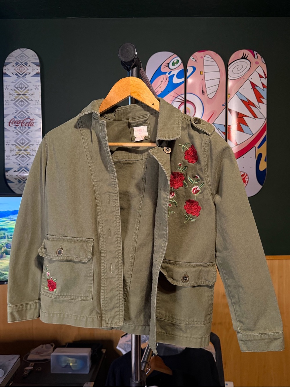 Forever 21 Army Green Cargo Utility Jacket Rose Embroidered
